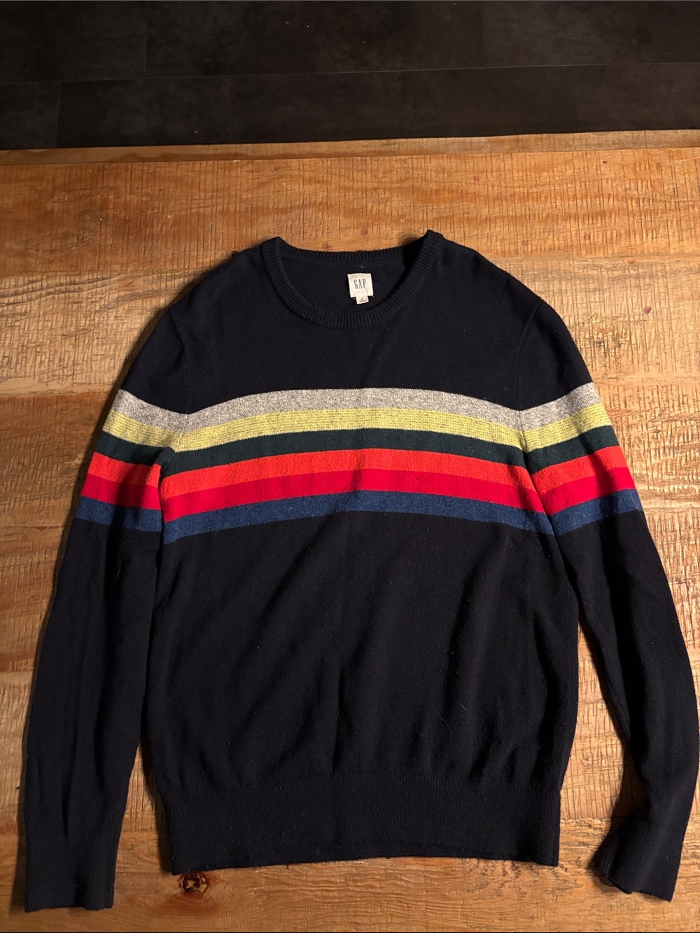 GAP Navy Crewneck Sweater with Yellow, Green, Gray, Red and Blue Stripes
